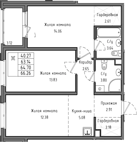 Планировка: Евротрёшка 63,1 м² в ЖК «Тишин»