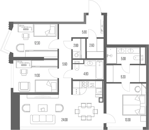 Планировка: 3-комнатная квартира 91,7 м² в ЖК «Северный Порт»