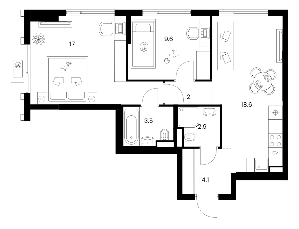 Планировка: 2-комнатная квартира 57,7 м² в ЖК «Белая Дача парк»