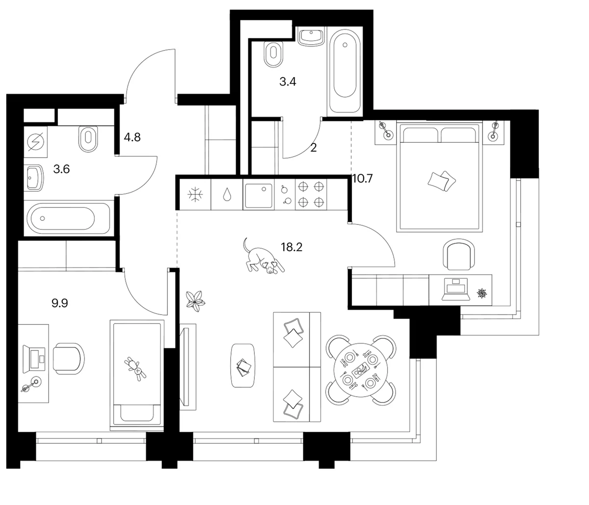 Планировка: 2-комнатная квартира 52,6 м² в ЖК «Строгино 360»