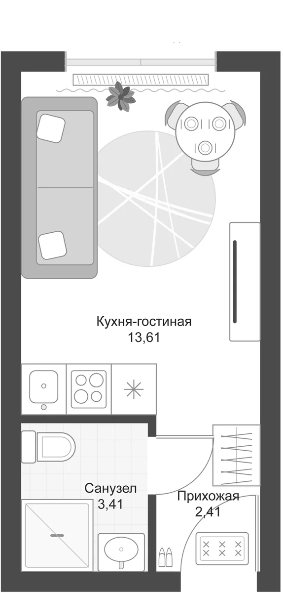 Планировка: Студия 19,4 м² в ЖК «Апарт-комплекс Первый Зеленый»