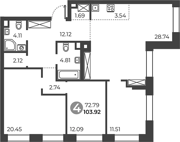 Планировка: 3-комнатная квартира 103,9 м² в ЖК «Павелецкая от Гранель»
