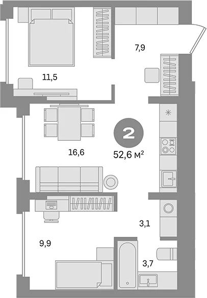 Планировка: 2-комнатная квартира 52,6 м² в ЖК «Первый квартал. Вторая очередь»