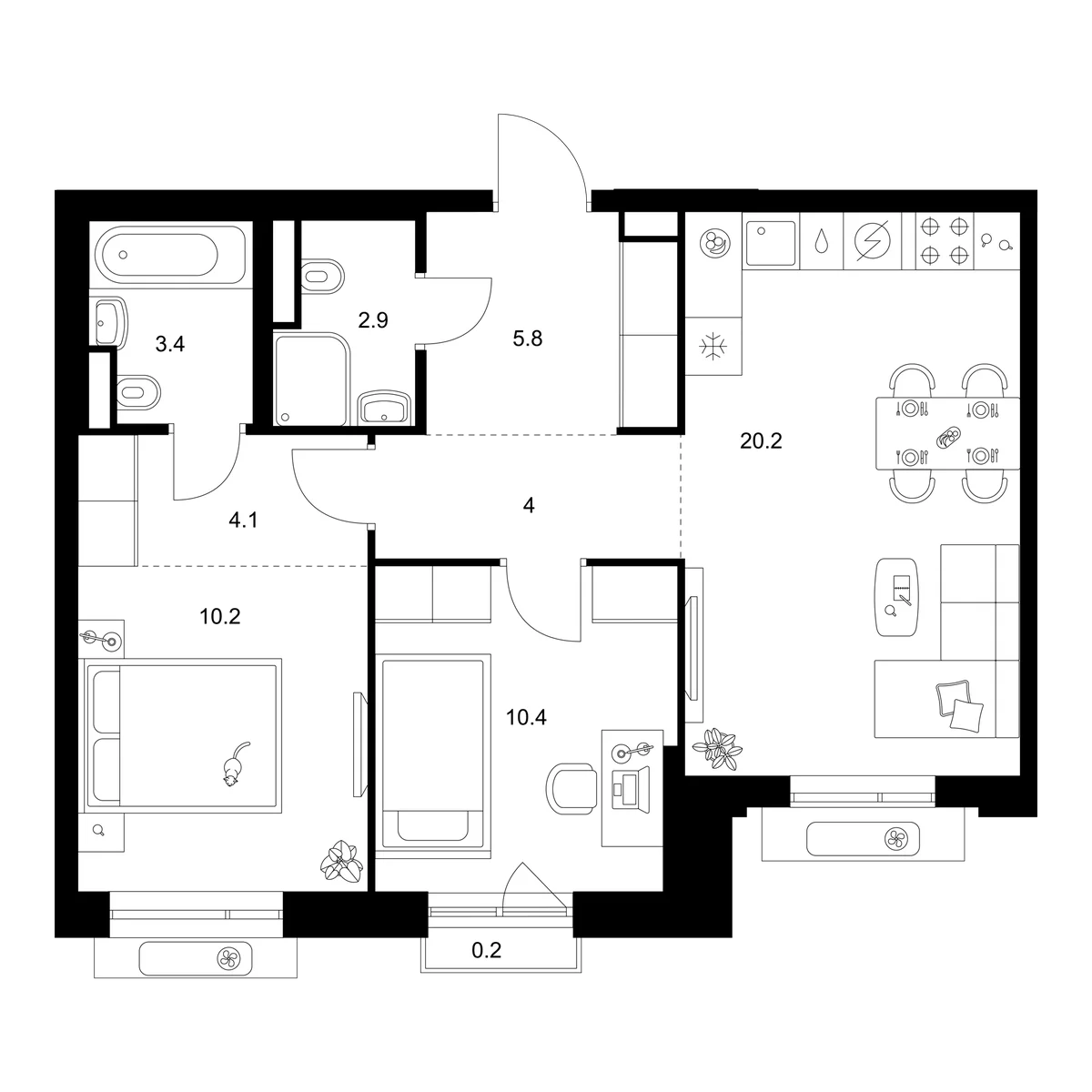Планировка: 2-комнатная квартира 61 м² в ЖК «Лосиноостровский парк»
