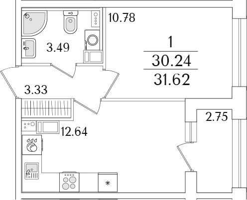 Планировка: 1-комнатная квартира 30,2 м² в ЖК «Аурум»