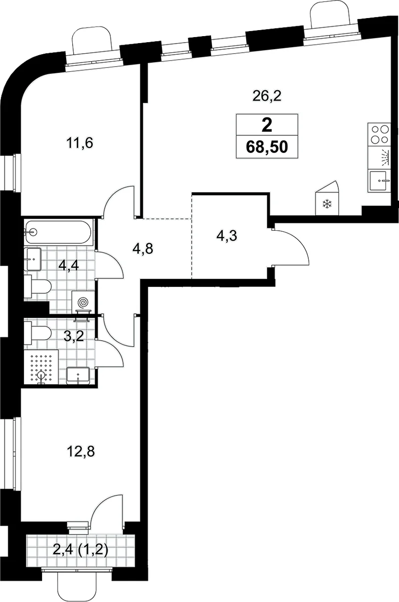 Планировка: Евротрёшка 67,3 м² в ЖК «Прокшино»