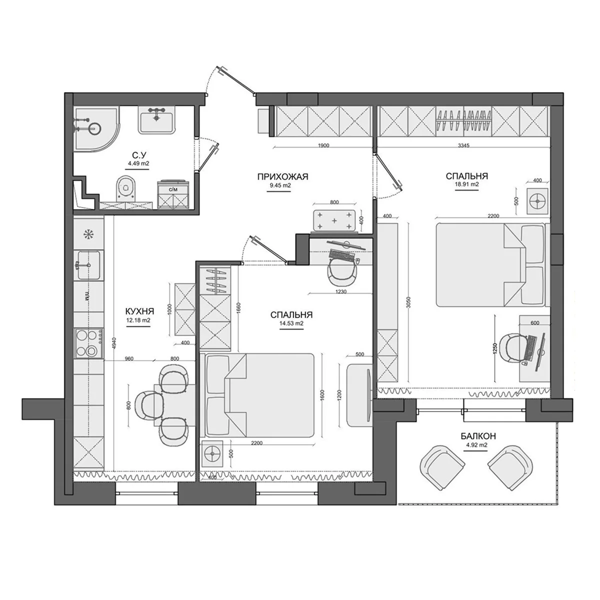 Планировка: 2-комнатная квартира 59,4 м² в ЖК «Лесной»