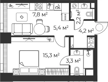 Планировка: Евродвушка 38,3 м² в ЖК «Веер»
