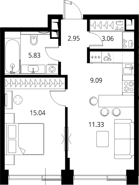 Планировка: Евродвушка 47,3 м² в ЖК «Сити Бэй»