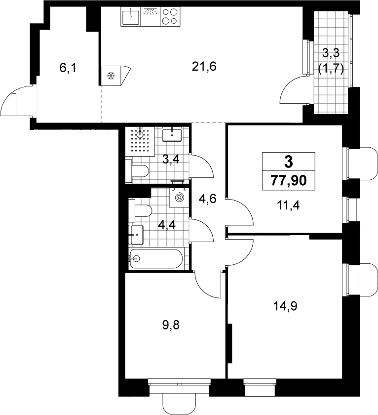 Планировка: Квартира евро-4 76,2 м² в ЖК «Прокшино»