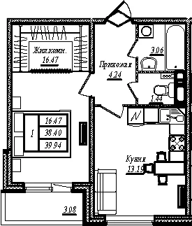 Планировка: 1-комнатная квартира 38,4 м² в ЖК «АРО»