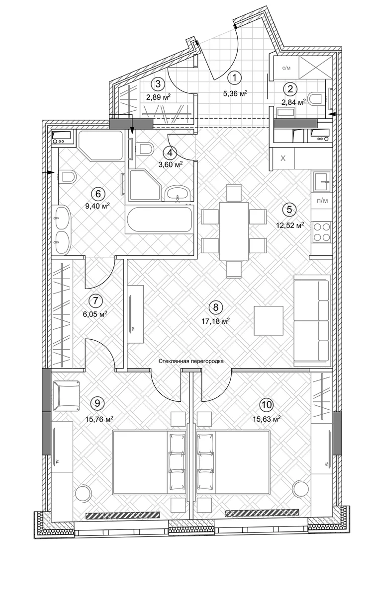 Планировка: Евротрёшка 93,6 м² в ЖК «Клубный дом Sole Hills»