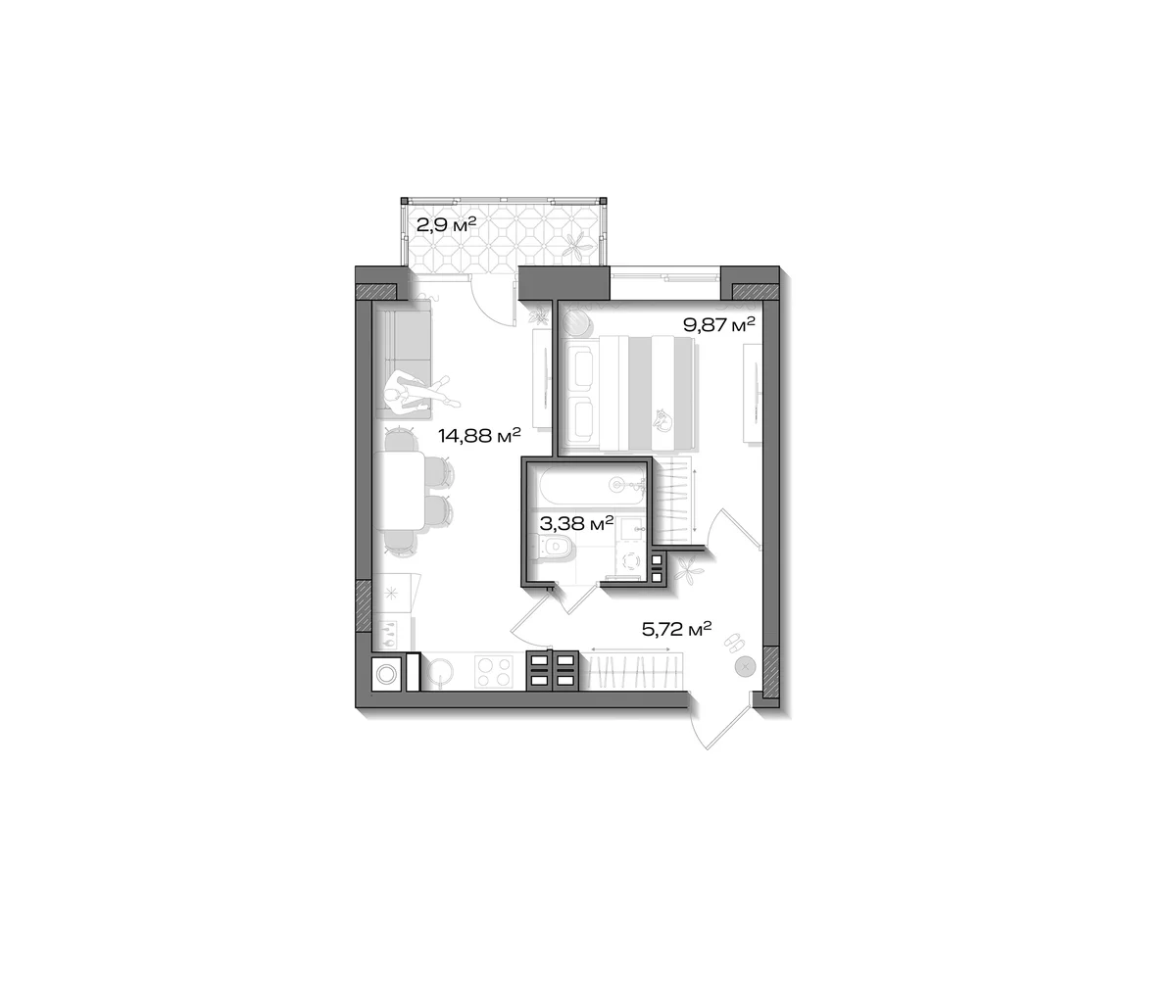Планировка: Евродвушка 33,9 м² в ЖК «Аксиома.Возрождение»