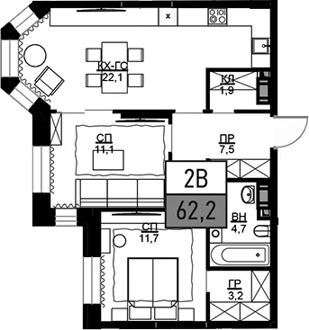 Планировка: 2-комнатная квартира 62,6 м² в ЖК «Театральный квартал»