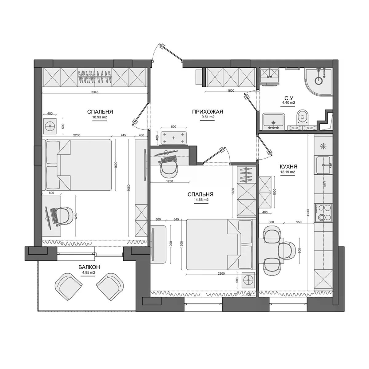 Планировка: 2-комнатная квартира 59,5 м² в ЖК «Лесной»