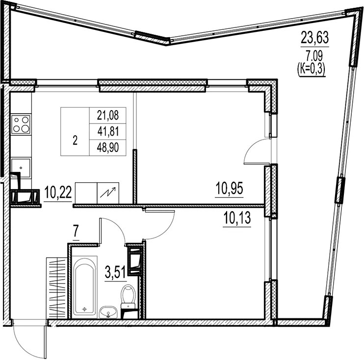 Планировка: 2-комнатная квартира 41,8 м² в ЖК «Город-спутник Южный»