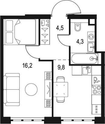 Планировка: 1-комнатная квартира 34,8 м² в ЖК «Левел Южнопортовая»