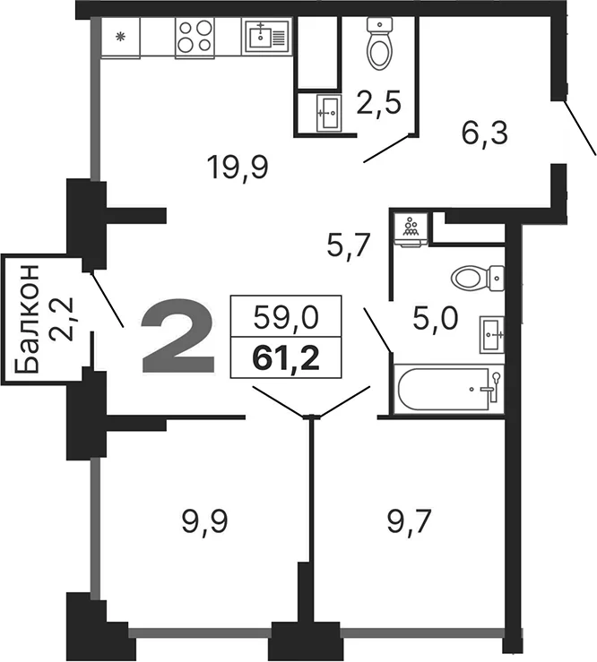 Планировка: Евротрёшка 59 м² в ЖК «Бестселлер»