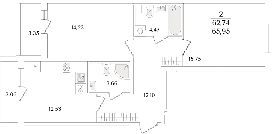 Планировка: 2-комнатная квартира 62,7 м² в ЖК «Кинопарк»