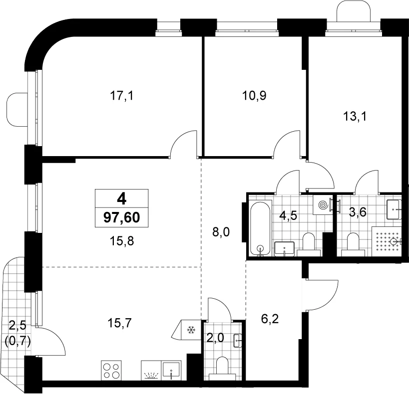Планировка: Квартира евро-4 96,9 м² в ЖК «Прокшино»