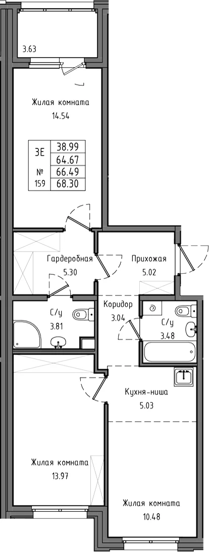 Планировка: Евротрёшка 64,7 м² в ЖК «Тишин»