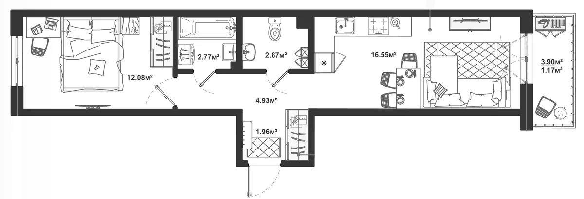 Планировка: Евродвушка 41,2 м² в ЖК «ЛесАрт»