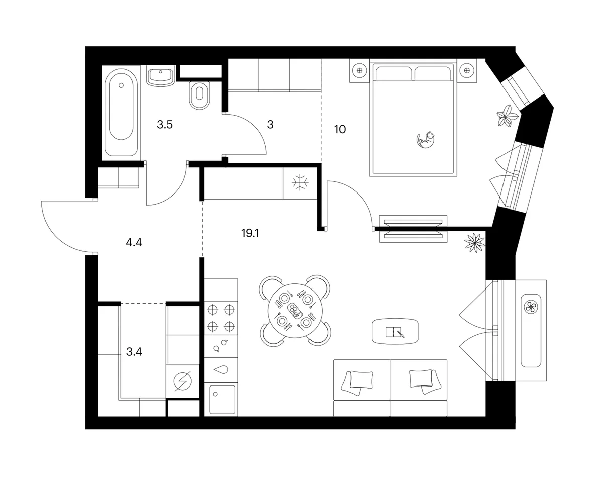 Планировка: 1-комнатная квартира 43,4 м² в ЖК «Мичуринский парк»