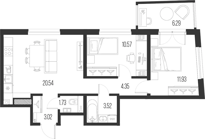 Планировка: Евротрёшка 55,7 м² в ЖК «Новая земля»