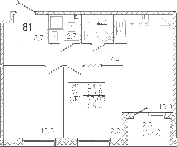 Планировка: Евротрёшка 55,8 м² в ЖК «Лисино»