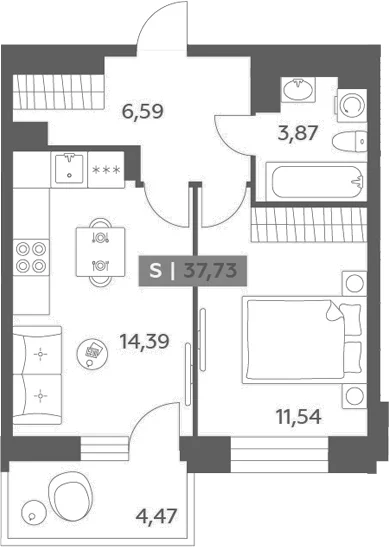 Планировка: 1-комнатная квартира 36,4 м² в ЖК «Аквилон РекаПарк»