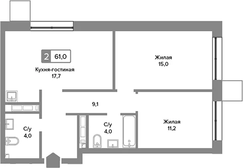 Планировка: Евротрёшка 61 м² в ЖК «Сити квартал Отрада»
