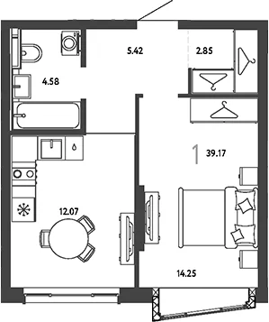 Планировка: 1-комнатная квартира 39,2 м² в ЖК «Страна.Парковая»
