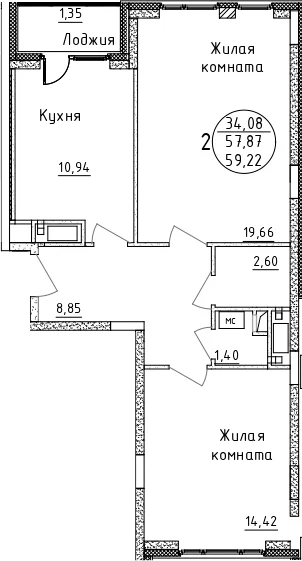 Планировка: 2-комнатная квартира 57,9 м² в ЖК «Дом Союзов»