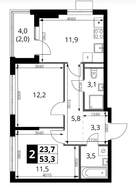Планировка: 2-комнатная квартира 51,3 м² в ЖК «1-й Ясеневский»
