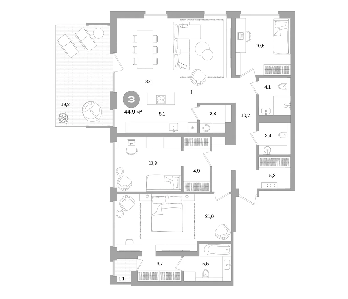 Планировка: 3-комнатная квартира 124,6 м² в ЖК «Северный ветер»