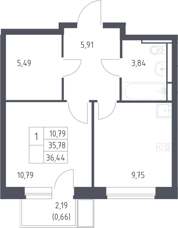 Планировка: 1-комнатная квартира 35,8 м² в ЖК «Новое Видное»