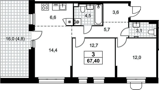 Планировка: Евротрёшка 62,6 м² в ЖК «Прокшино»