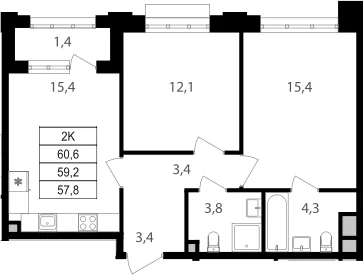 Планировка: 2-комнатная квартира 57,8 м² в ЖК «Михалковский»