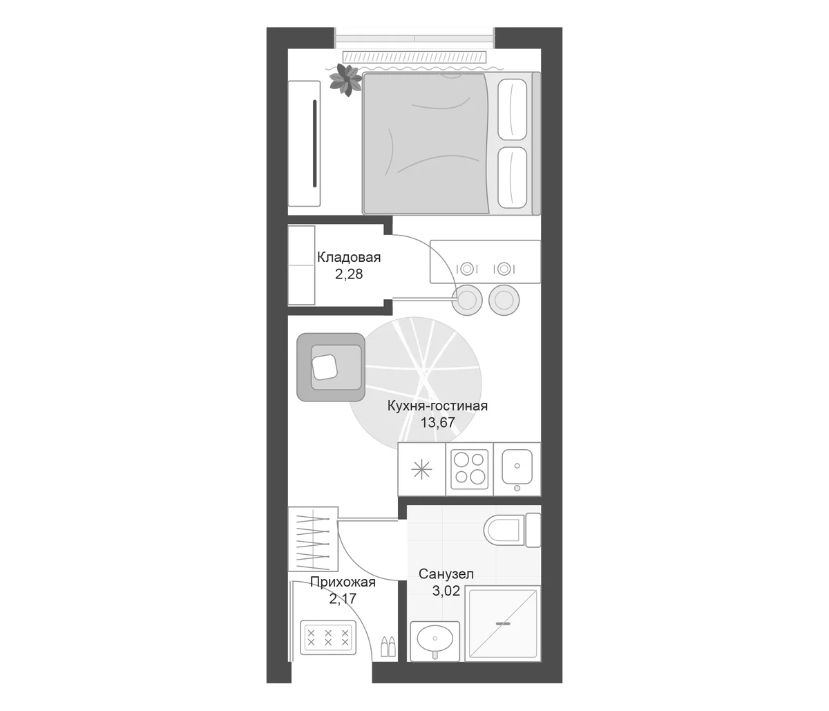 Планировка: Студия 21,1 м² в ЖК «Апарт-комплекс Первый Зеленый»