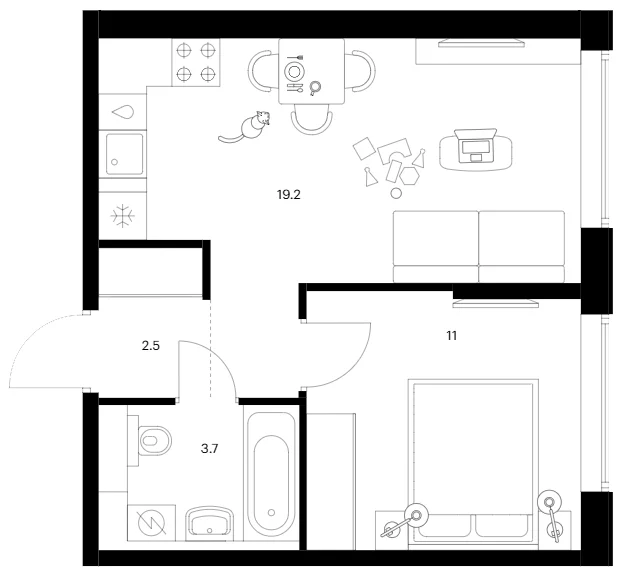 Планировка: 1-комнатная квартира 36,4 м² в ЖК «Бусиновский парк»