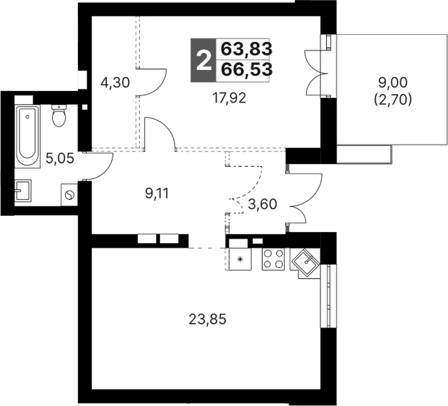 Планировка: Евродвушка 63,8 м² в ЖК «Жаворонки Клаб»