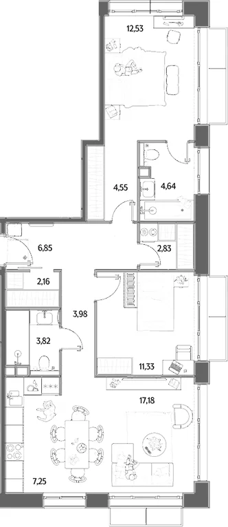 Планировка: Евротрёшка 77,1 м² в ЖК «МЫС»