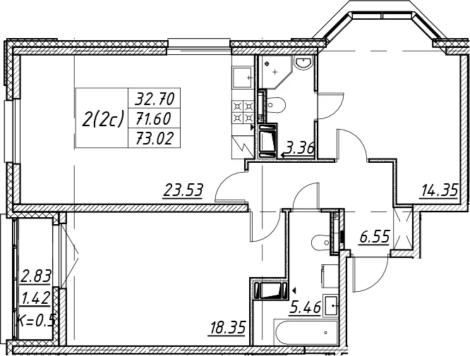 Планировка: Евротрёшка 71,6 м² в ЖК «Цивилизация на Неве»