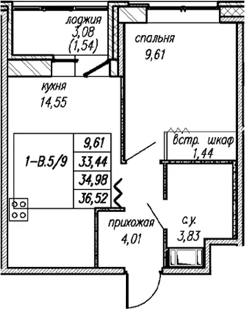 Планировка: 1-комнатная квартира 33,4 м² в ЖК «Уютный Новоселье»