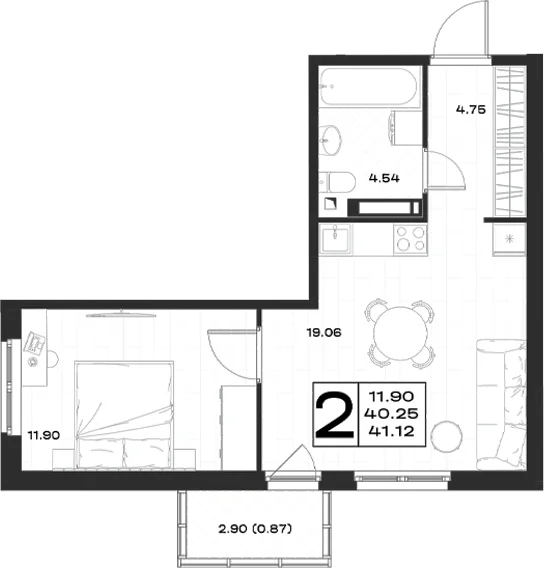 Планировка: Евродвушка 40,3 м² в ЖК «Имена»