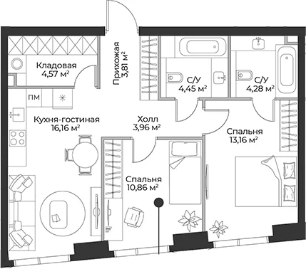 Планировка: Евротрёшка 61,3 м² в ЖК «Гранд Фили»