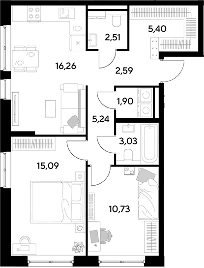 Планировка: Евротрёшка 62,8 м² в ЖК «Космопарк»