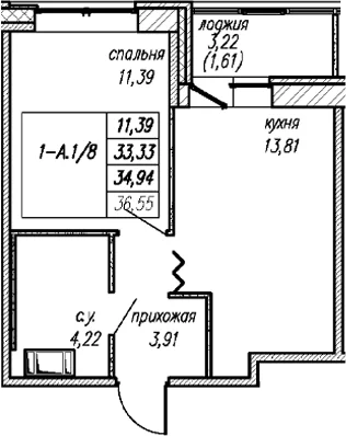 Планировка: 1-комнатная квартира 33,3 м² в ЖК «Уютный Новоселье»