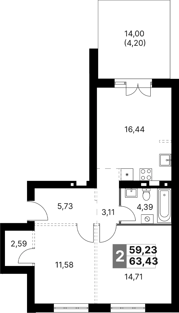 Планировка: Евротрёшка 59,2 м² в ЖК «Жаворонки Клаб»