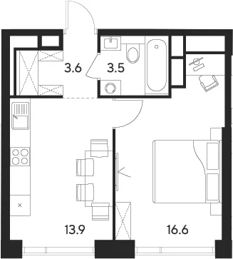 Планировка: 1-комнатная квартира 37,6 м² в ЖК «Инди Тауэрз от Аквилон»